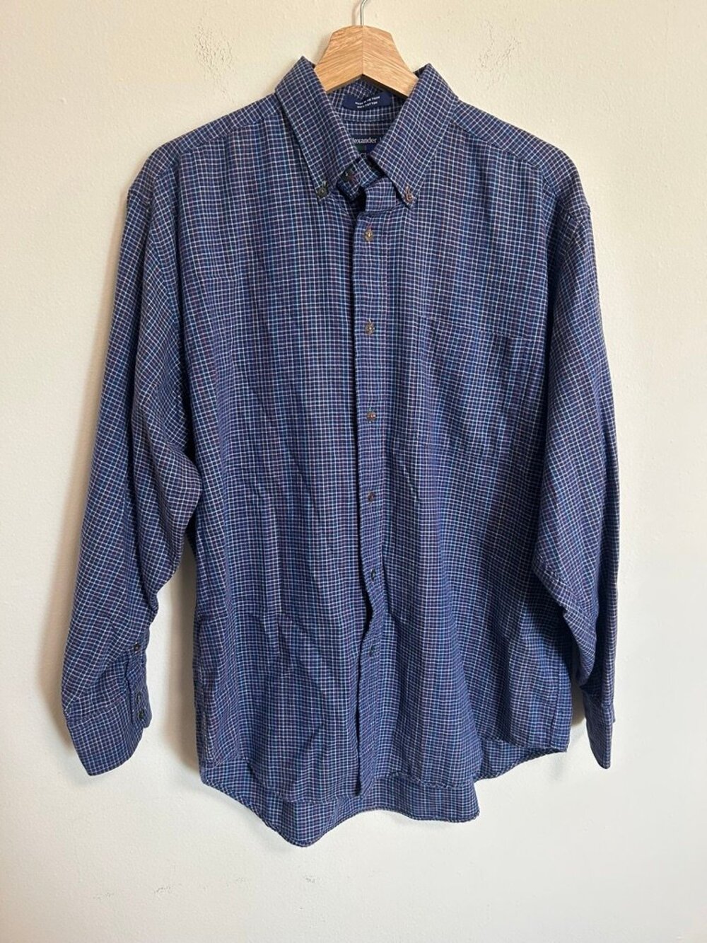 Alexander Julian 100% Cotton Vtg 80s Navy Blue Plaid Shirt Colorful Sz M EUC